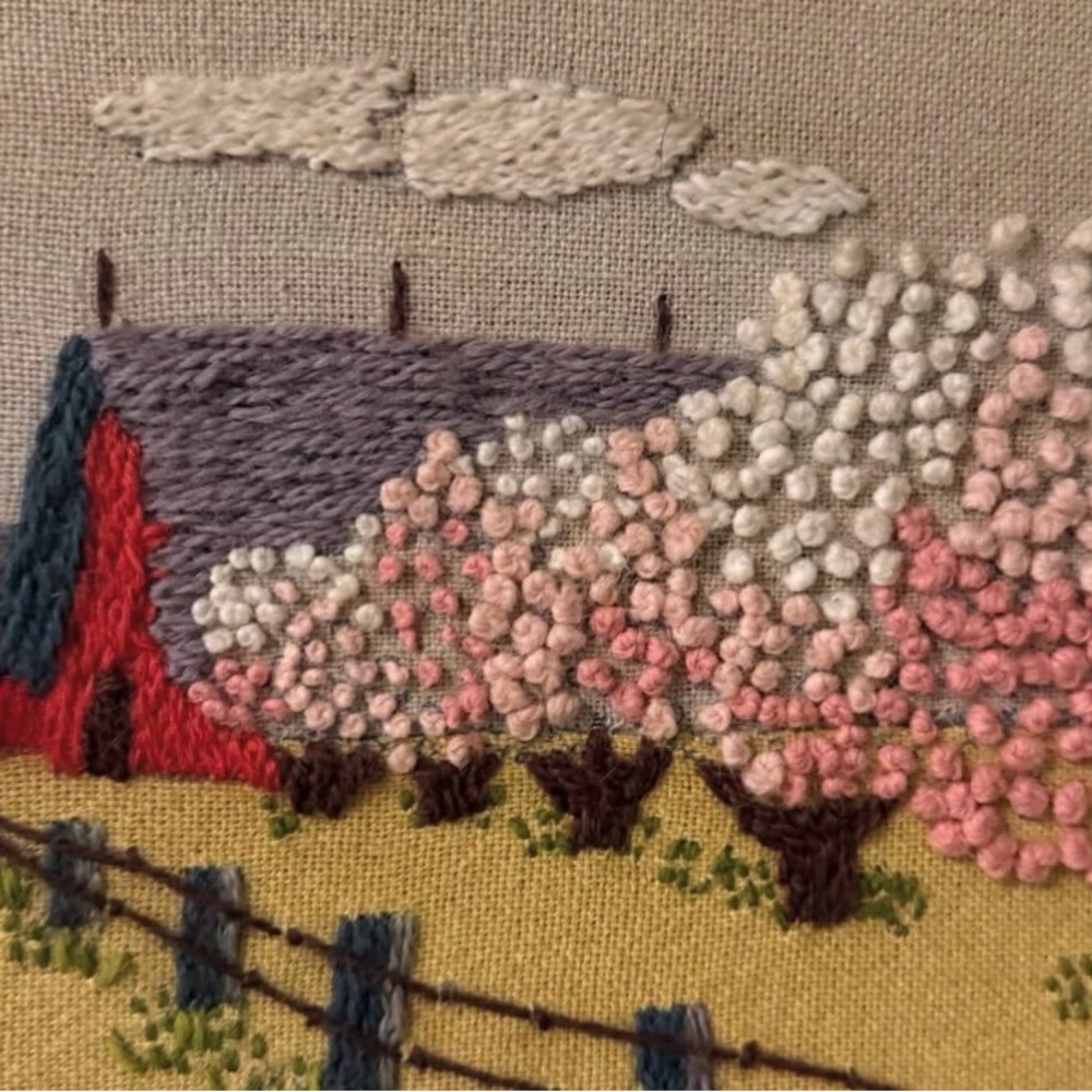 Framed Embroidered Crewel Landscape Art - Picture 4 of 5